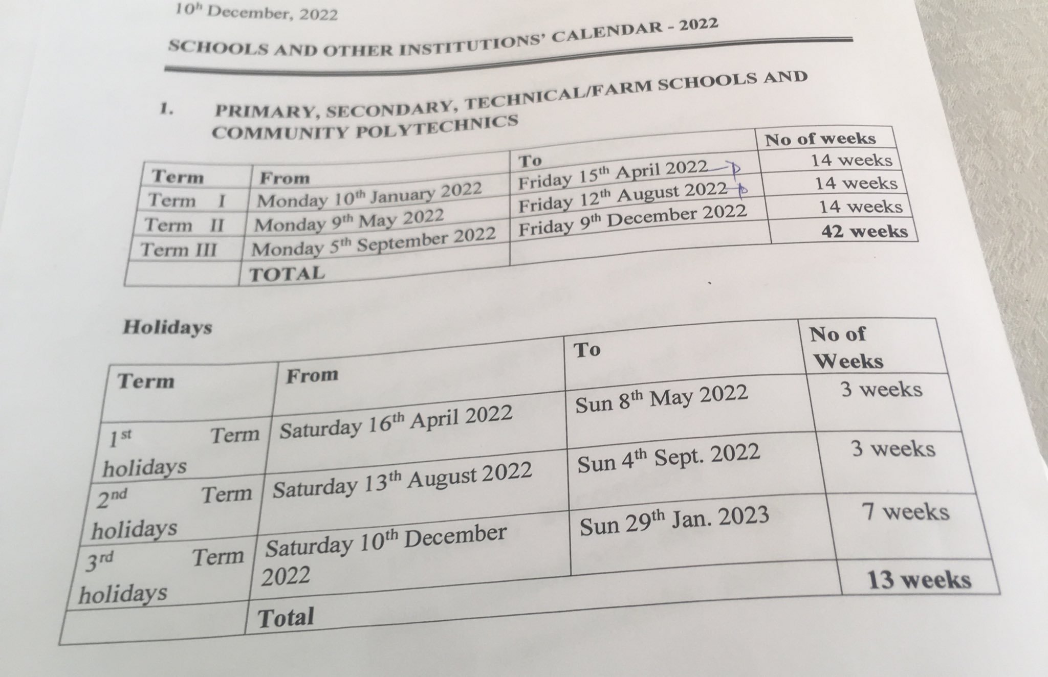 Ministry of Education Releases School Reopening Calendar for Academic