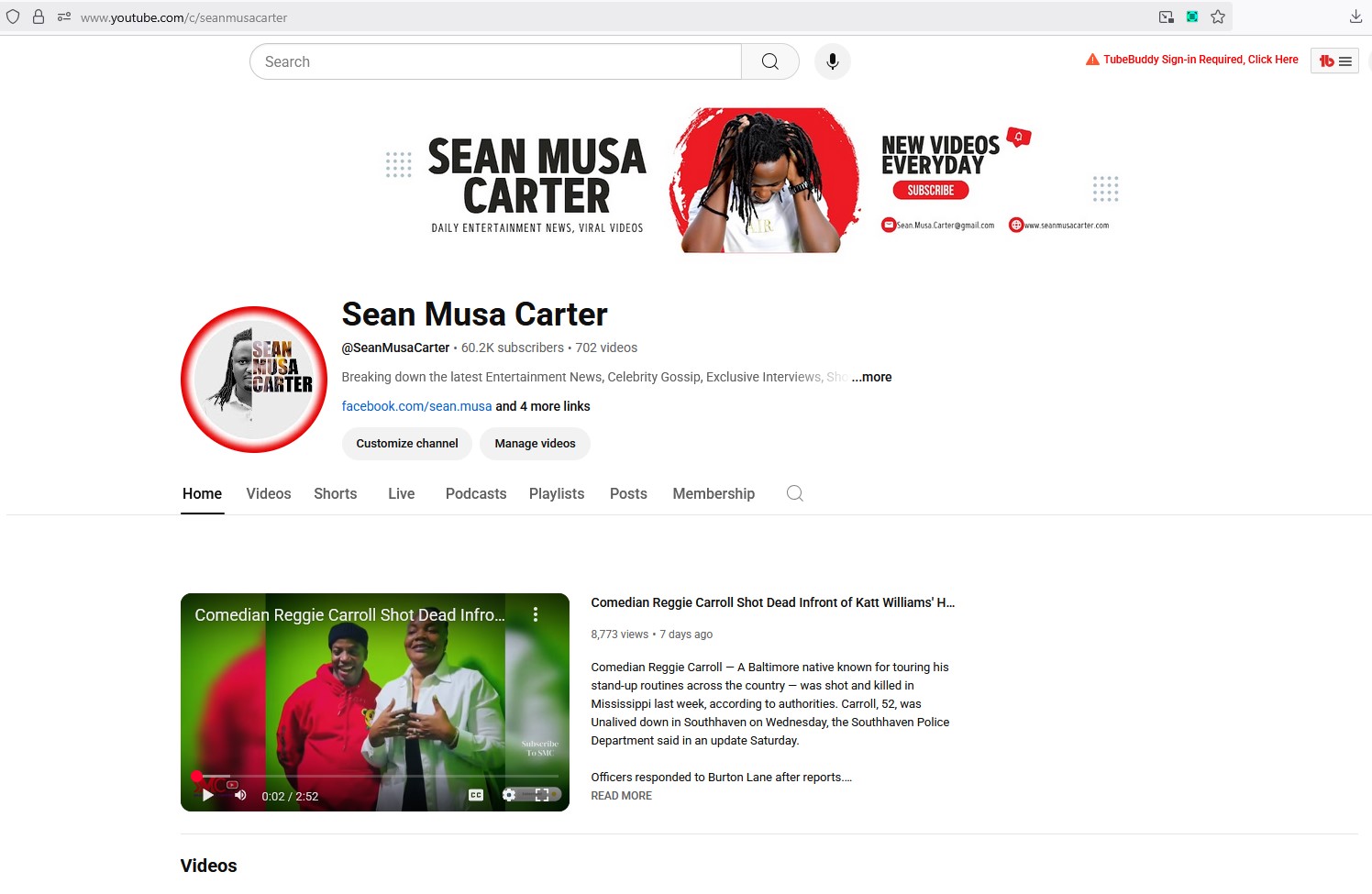 Sean Musa Carter YouTube channel homepage screenshot